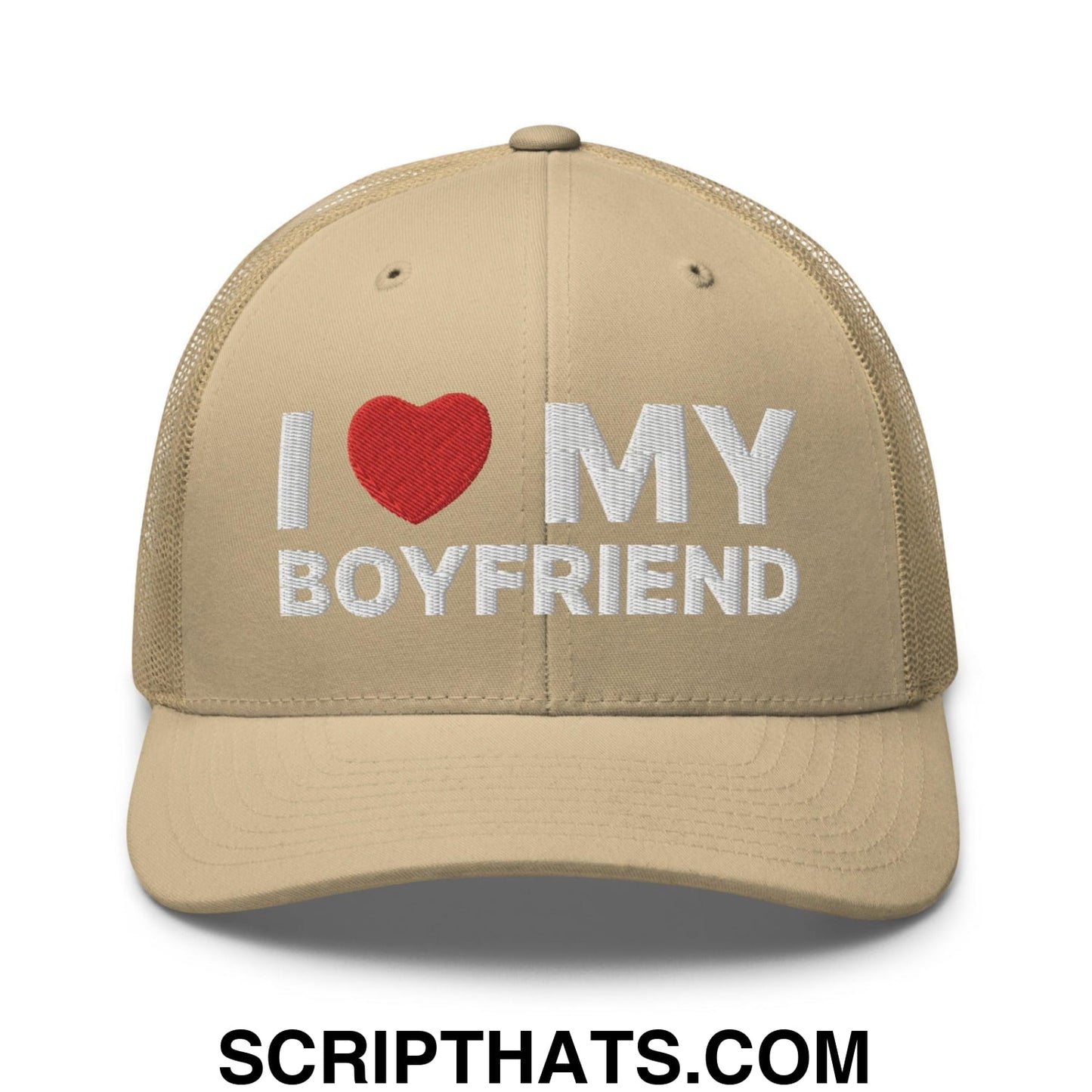 I Love My Boyfriend Retro Trucker Hat Khaki