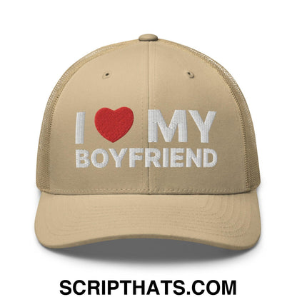 I Love My Boyfriend Retro Trucker Hat Khaki