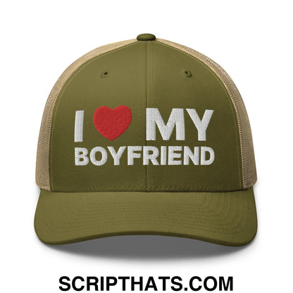 I Love My Boyfriend Retro Trucker Hat Moss Khaki