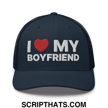 I Love My Boyfriend Retro Trucker Hat Navy