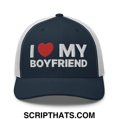 I Love My Boyfriend Retro Trucker Hat Navy White