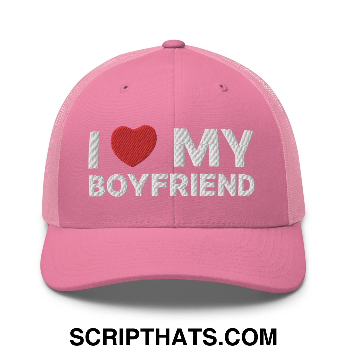 I Love My Boyfriend Retro Trucker Hat Pink