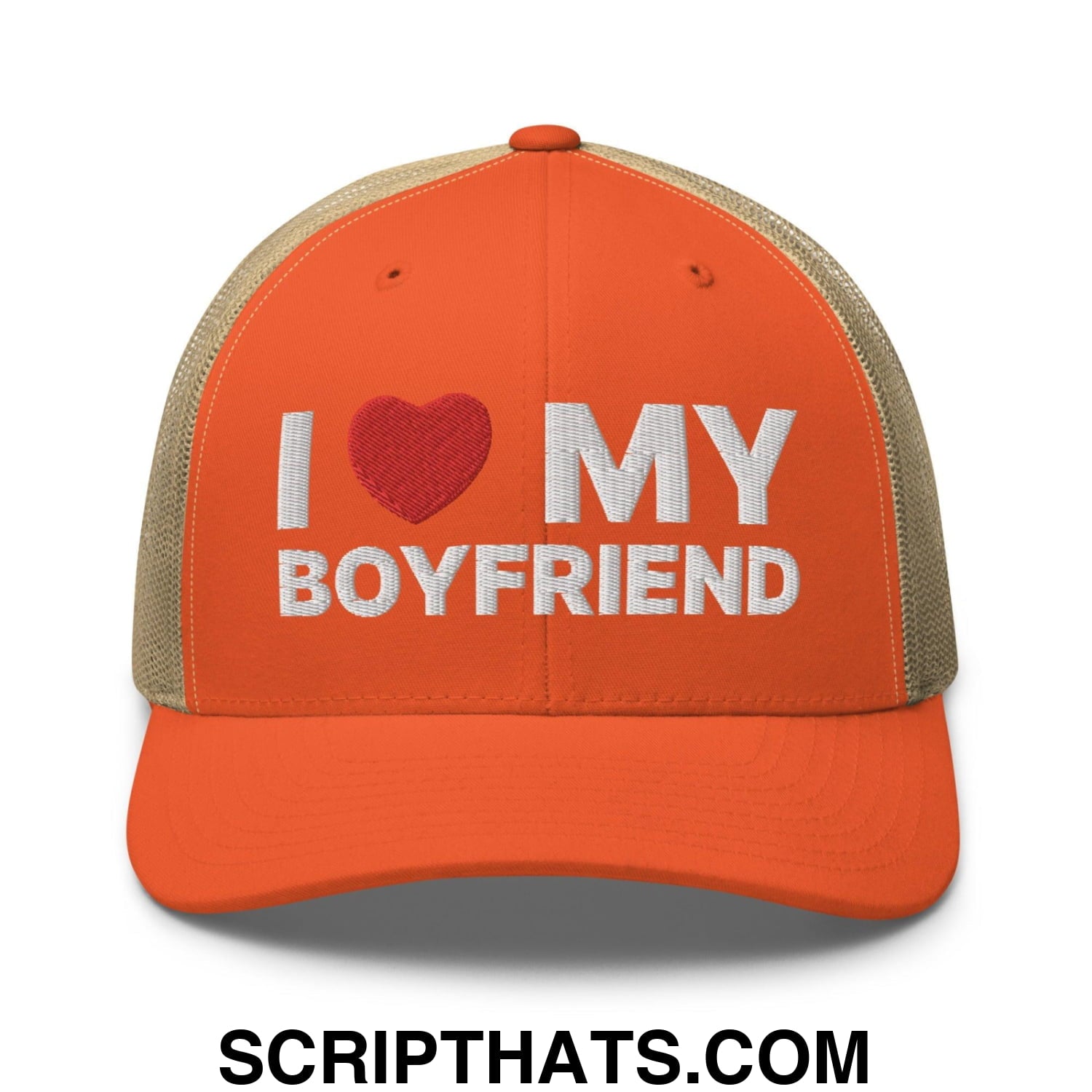 I Love My Boyfriend Retro Trucker Hat Rustic Orange Khaki