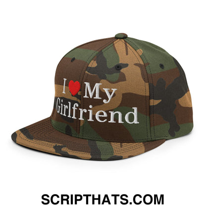 I Love My Girlfriend Embroidered Flat Bill Brim Snapback Hat Green Camo