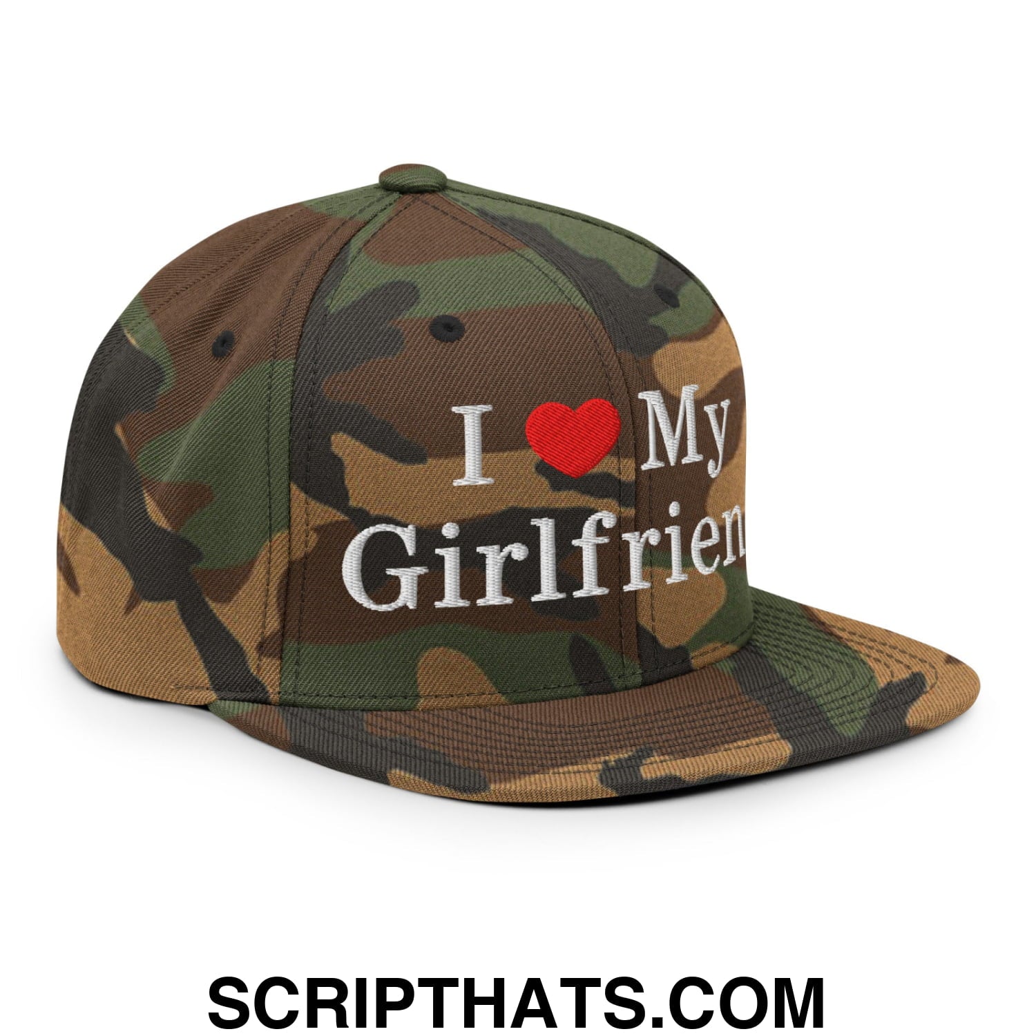 I Love My Girlfriend Embroidered Flat Bill Brim Snapback Hat Green Camo
