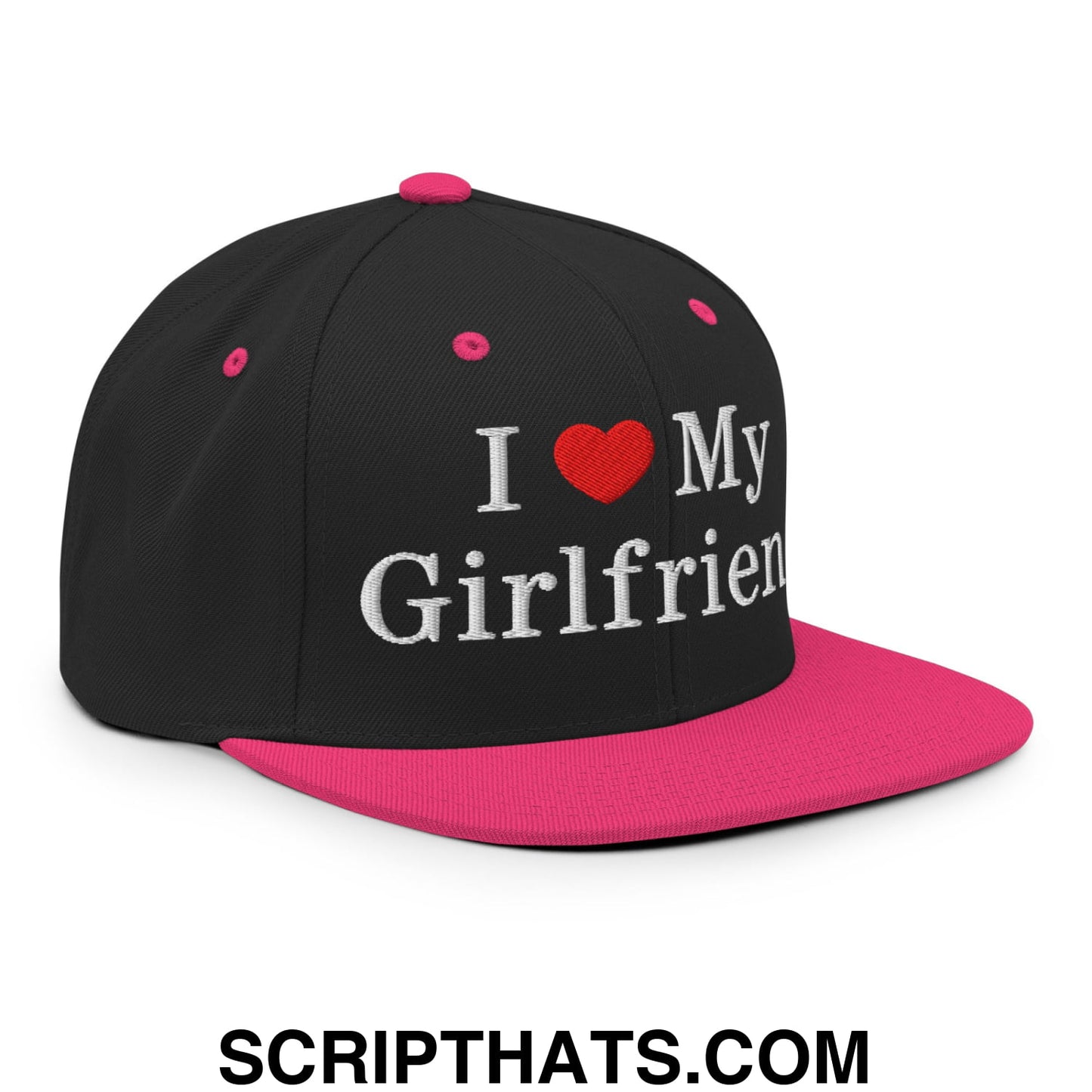 I Love My Girlfriend Embroidered Flat Bill Brim Snapback Hat Black Neon Pink