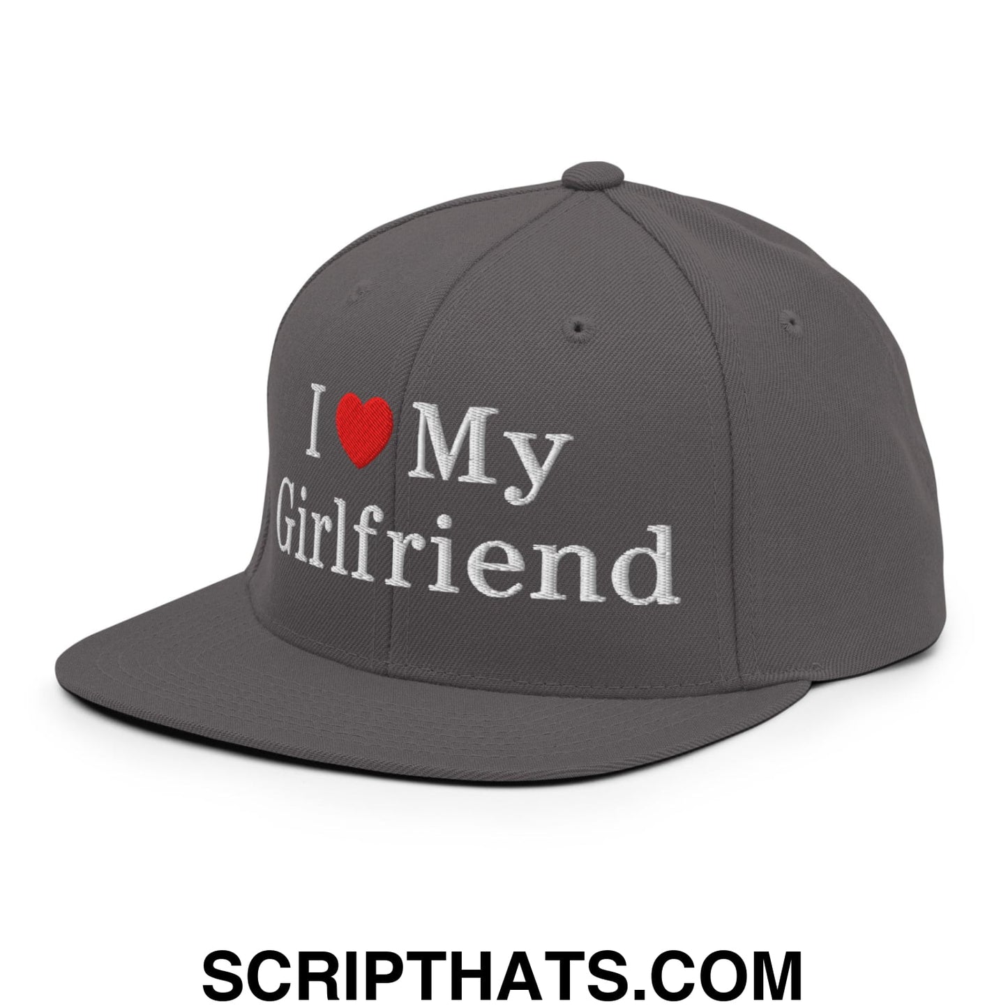 I Love My Girlfriend Embroidered Flat Bill Brim Snapback Hat Dark Grey
