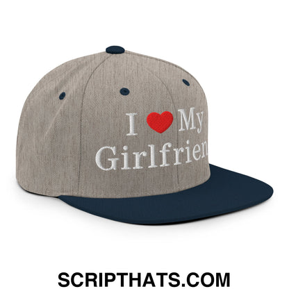 I Love My Girlfriend Embroidered Flat Bill Brim Snapback Hat Heather Grey Navy