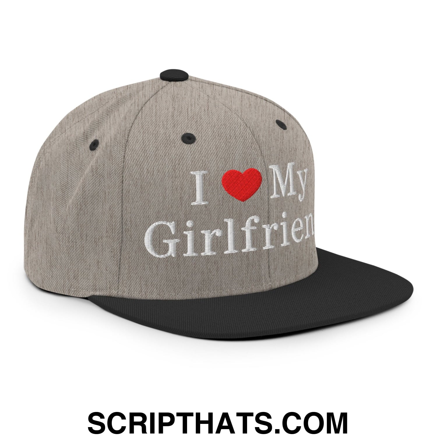 I Love My Girlfriend Embroidered Flat Bill Brim Snapback Hat Heather Black