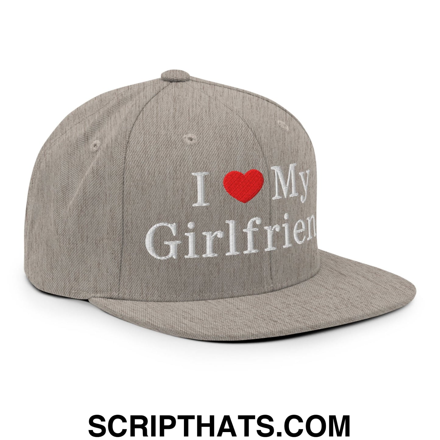 I Love My Girlfriend Embroidered Flat Bill Brim Snapback Hat Heather Grey