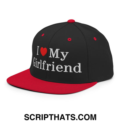 I Love My Girlfriend Embroidered Flat Bill Brim Snapback Hat Black Red
