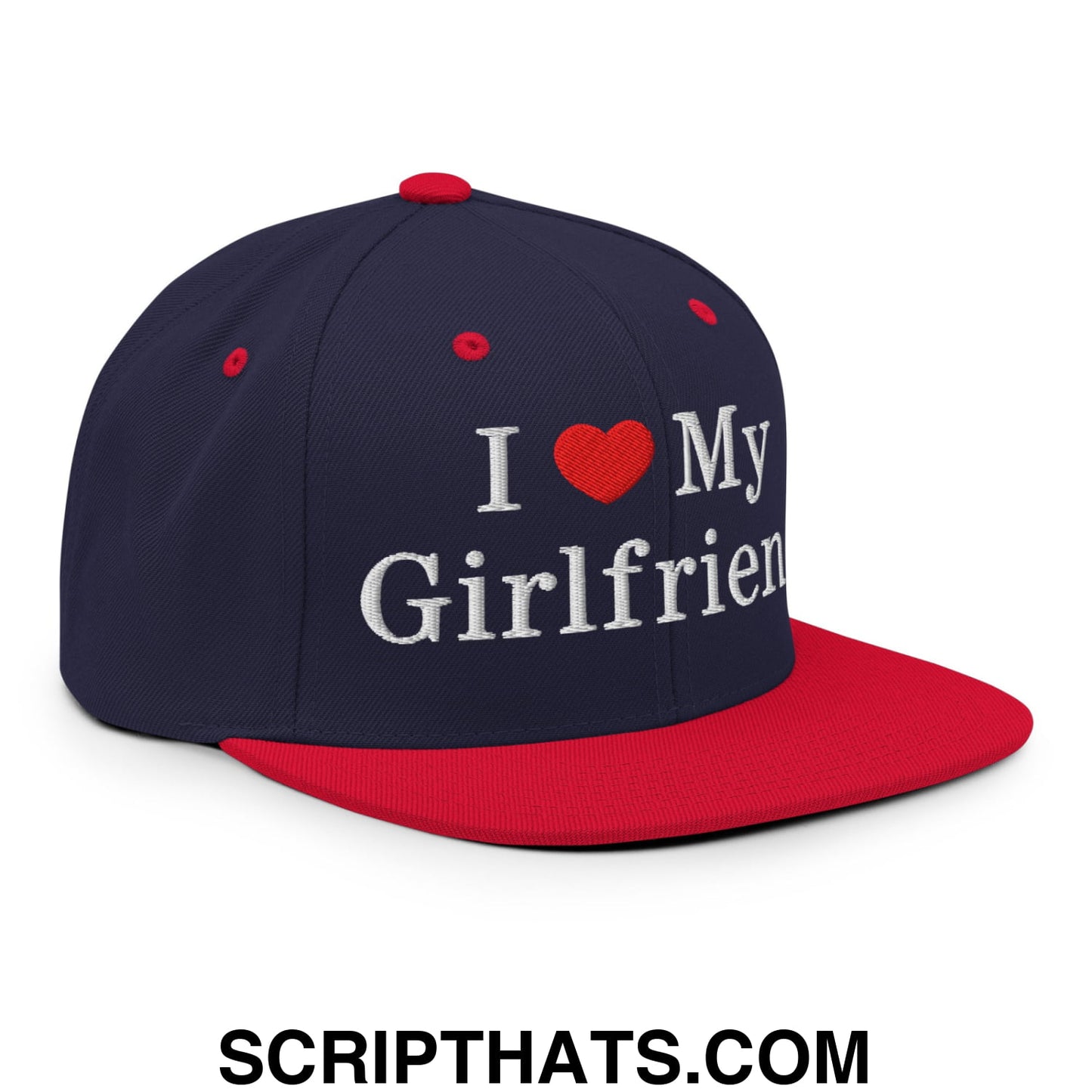 I Love My Girlfriend Embroidered Flat Bill Brim Snapback Hat Navy Red