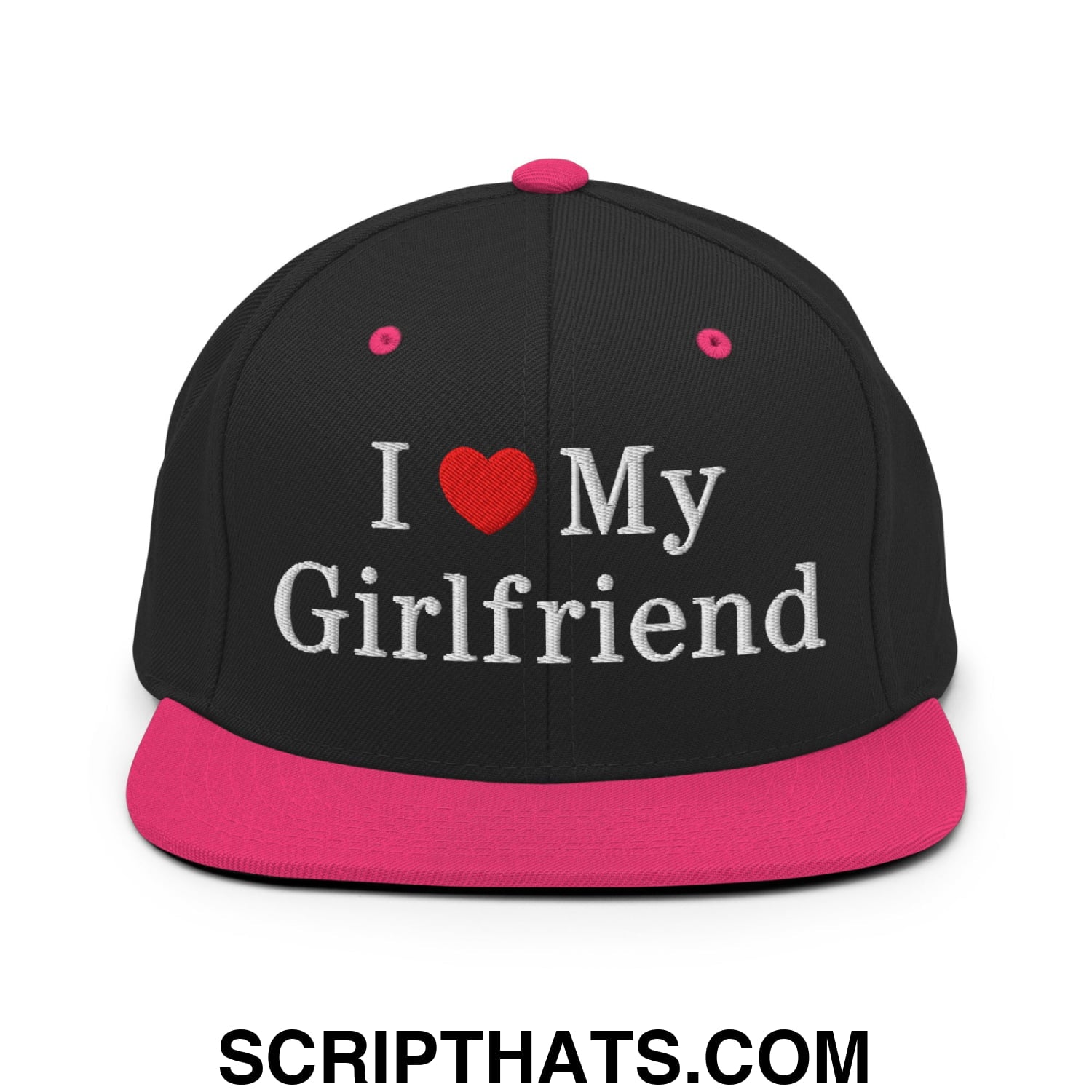 I Love My Girlfriend Embroidered Flat Bill Brim Snapback Hat Black Neon Pink