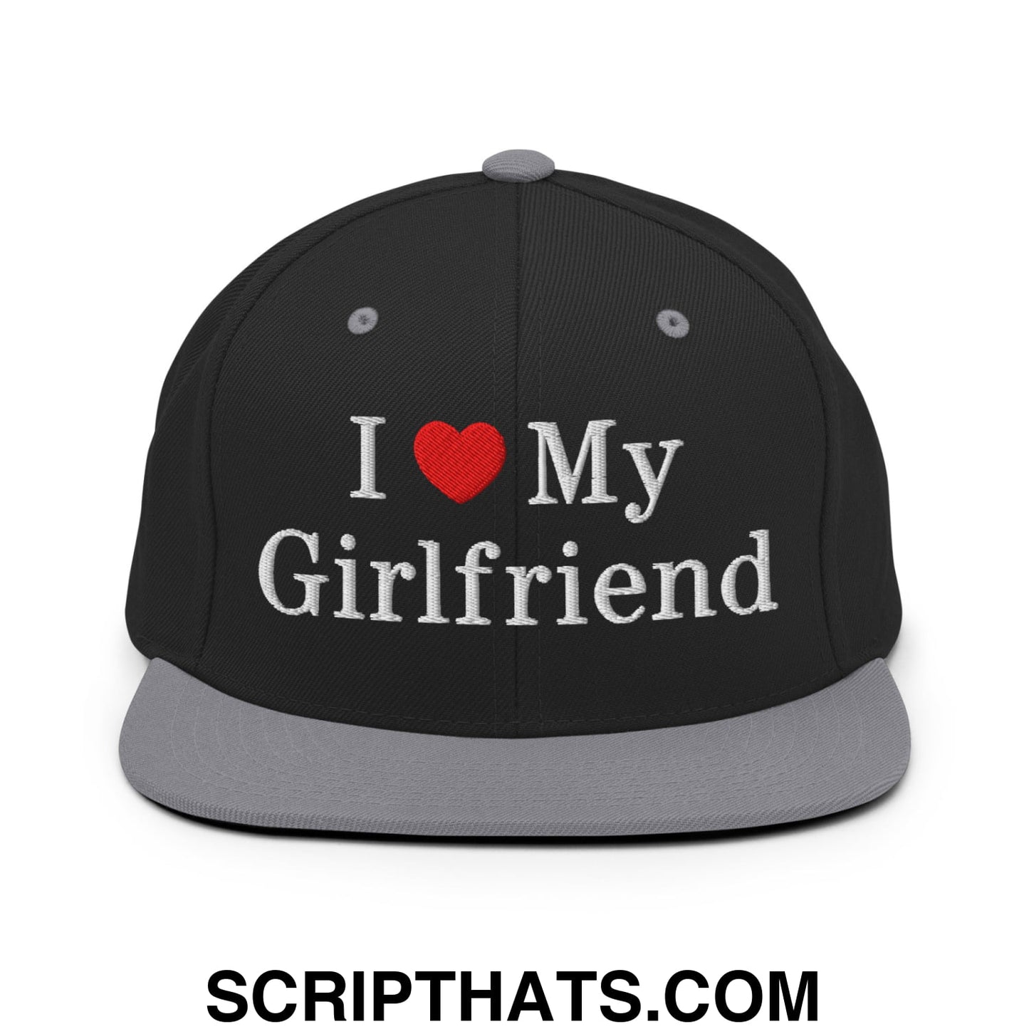 I Love My Girlfriend Embroidered Flat Bill Brim Snapback Hat Black Silver