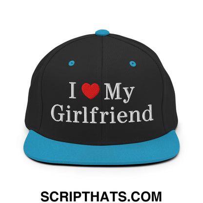 I Love My Girlfriend Embroidered Flat Bill Brim Snapback Hat Black Teal