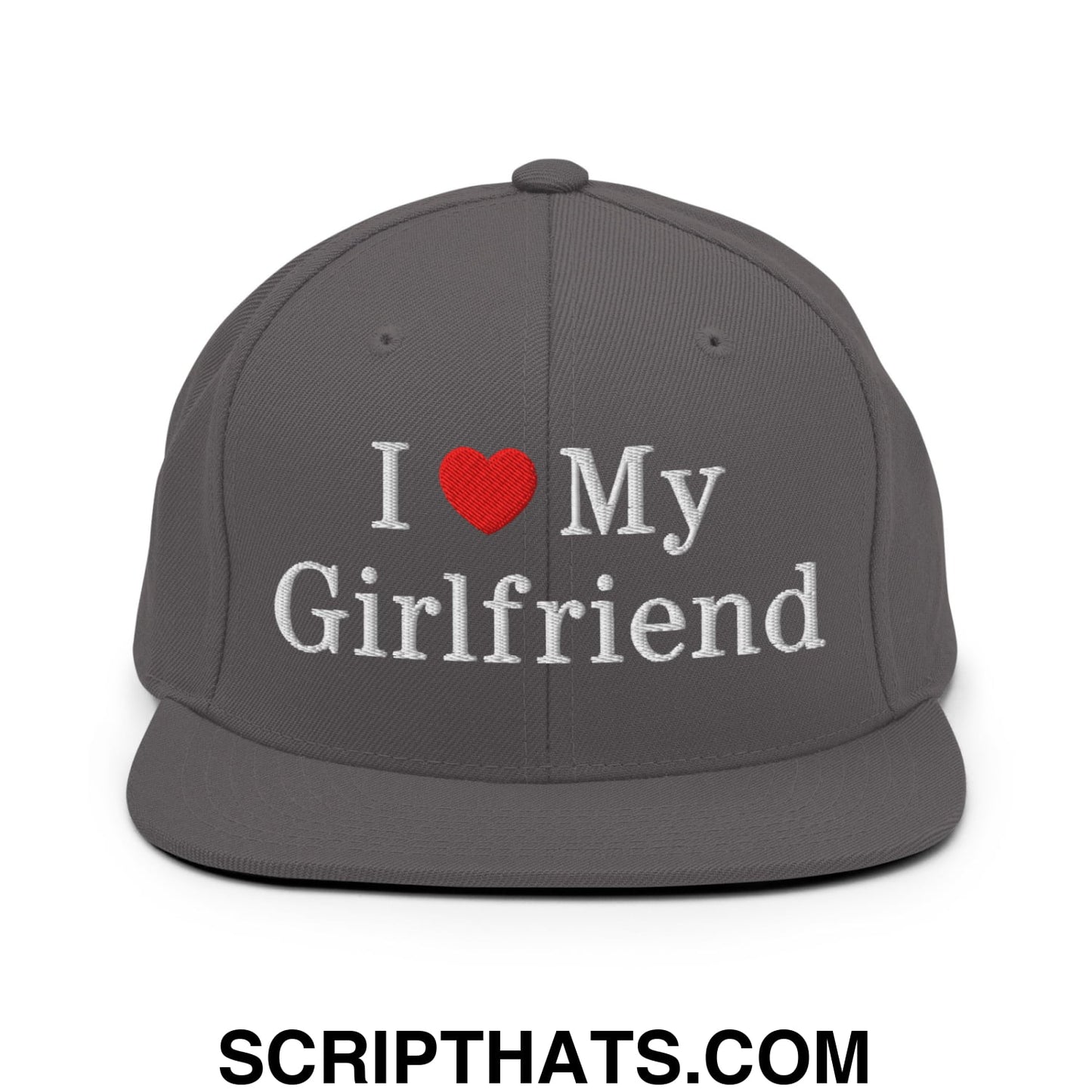 I Love My Girlfriend Embroidered Flat Bill Brim Snapback Hat Dark Grey