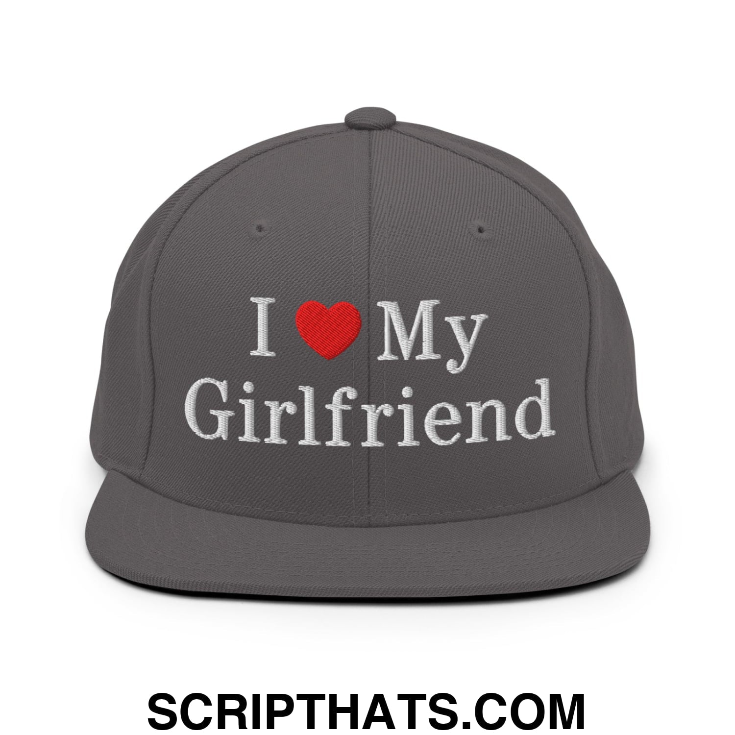 I Love My Girlfriend Embroidered Flat Bill Brim Snapback Hat Dark Grey