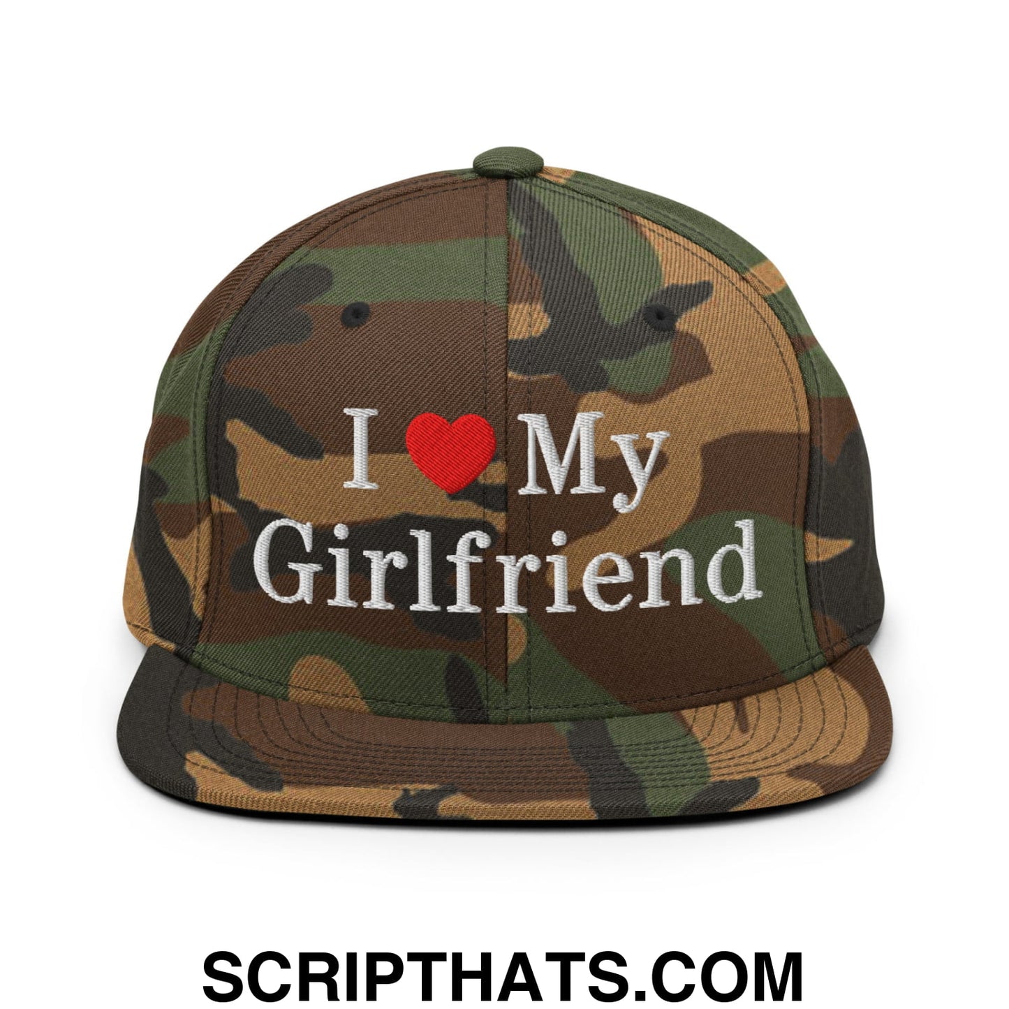 I Love My Girlfriend Embroidered Flat Bill Brim Snapback Hat Green Camo