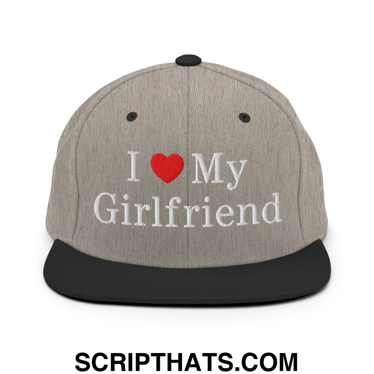 I Love My Girlfriend Embroidered Flat Bill Brim Snapback Hat Heather Black