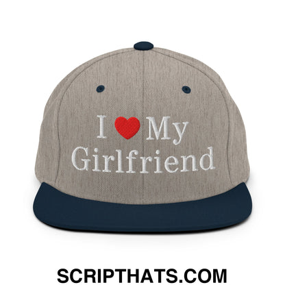 I Love My Girlfriend Embroidered Flat Bill Brim Snapback Hat Heather Grey Navy
