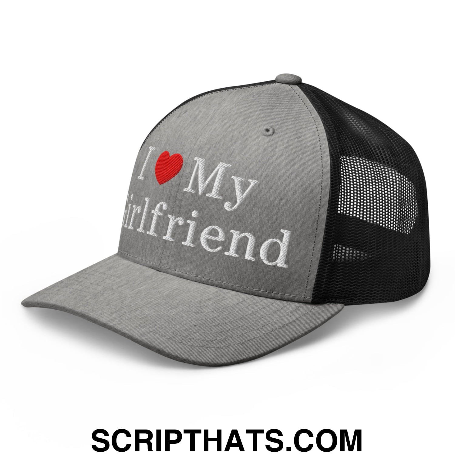 I Love My Girlfriend Embroidered Mesh Trucker Hat Heather Black
