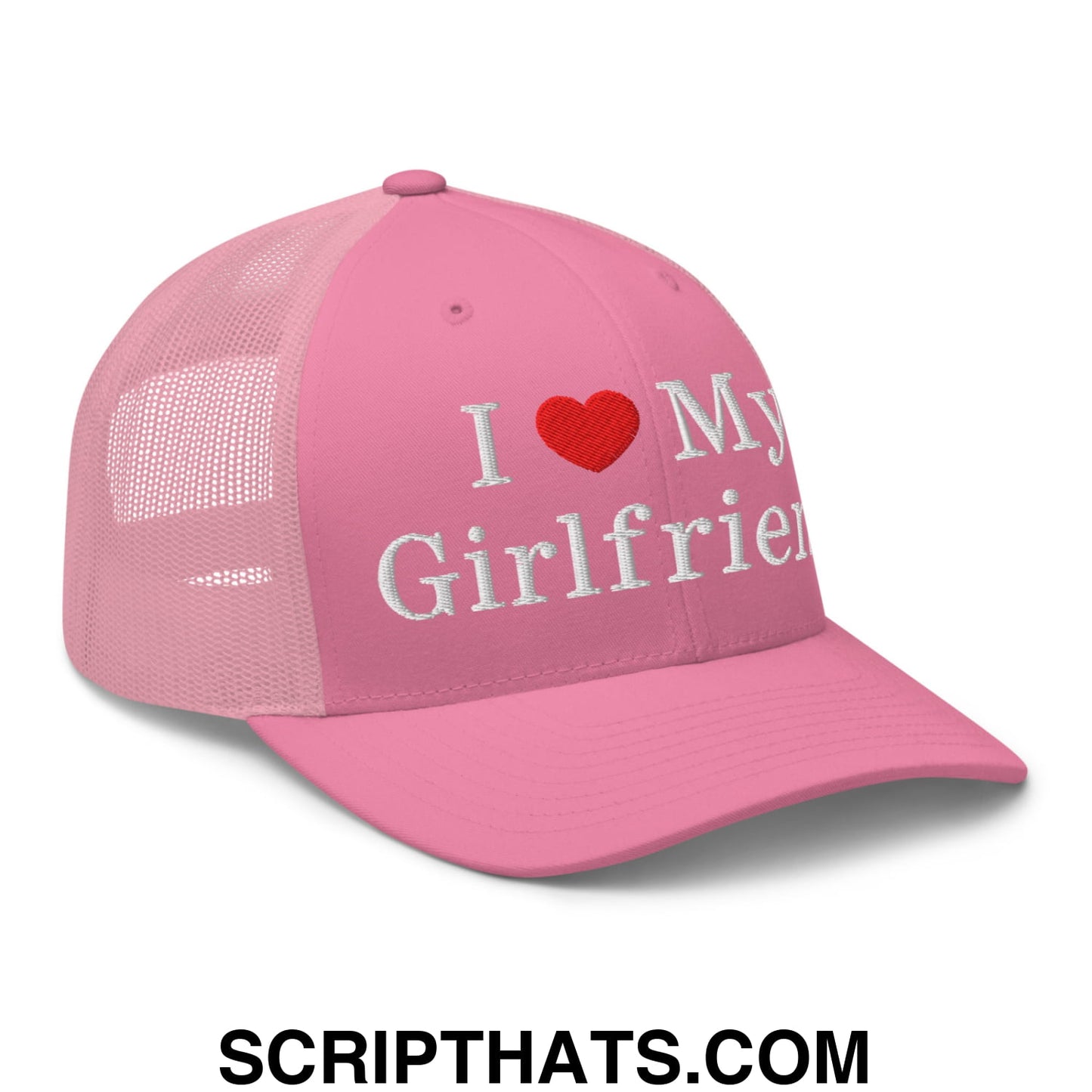 I Love My Girlfriend Embroidered Mesh Trucker Hat Pink