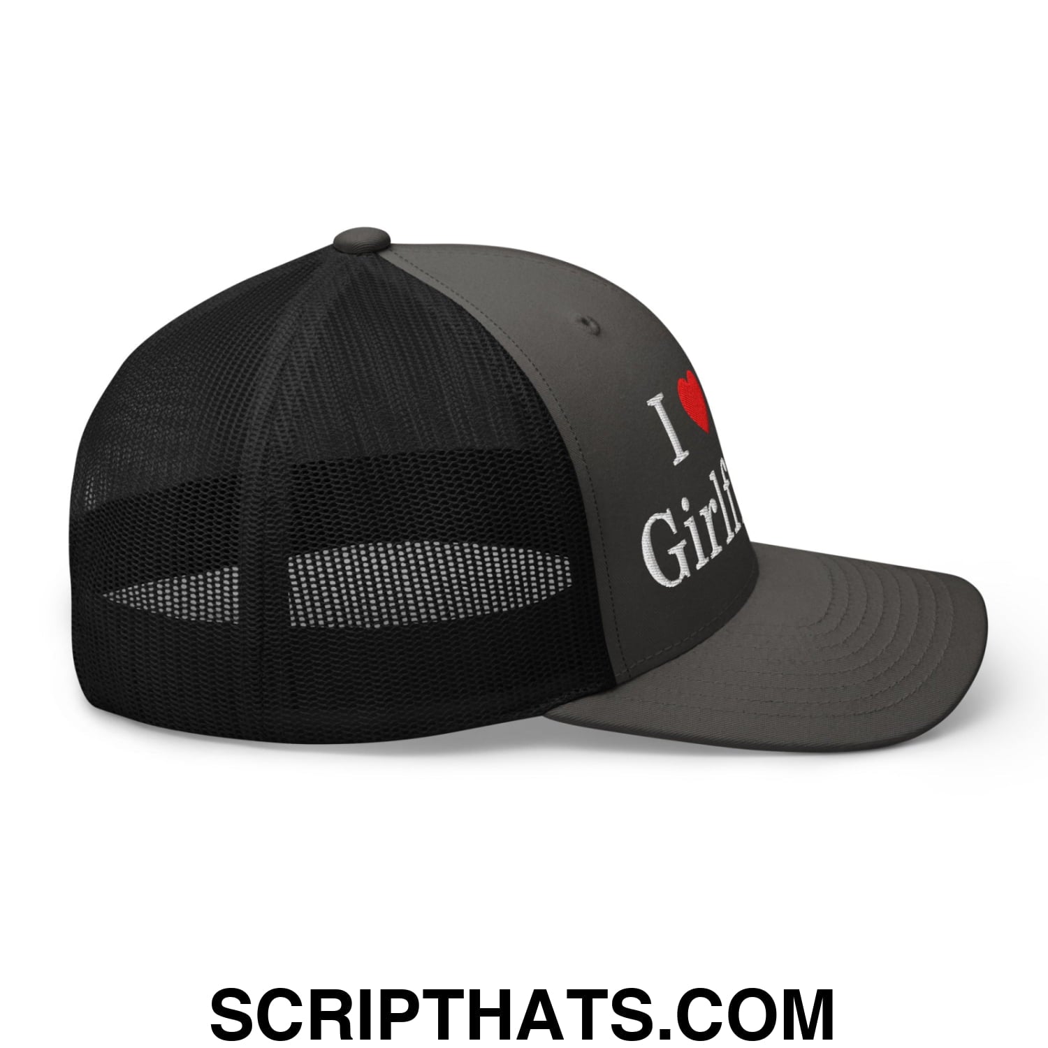 I Love My Girlfriend Embroidered Mesh Trucker Hat Charcoal Black
