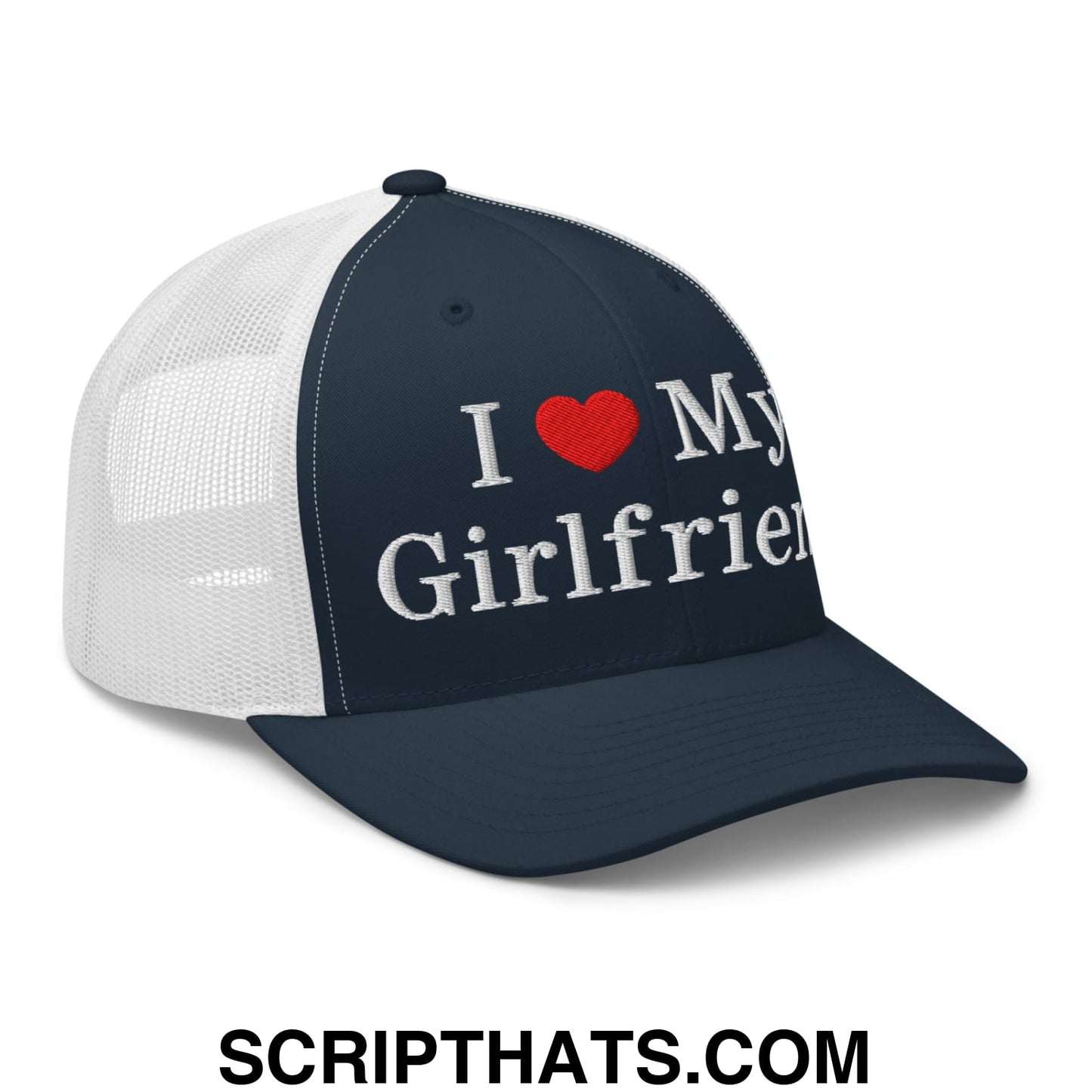 I Love My Girlfriend Embroidered Mesh Trucker Hat Navy White