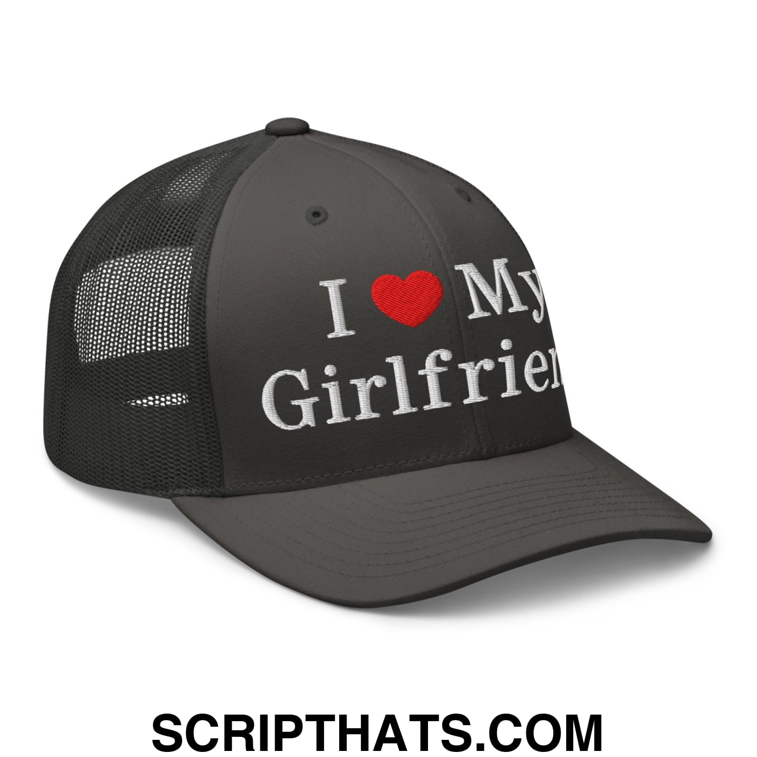 I Love My Girlfriend Embroidered Mesh Trucker Hat Charcoal
