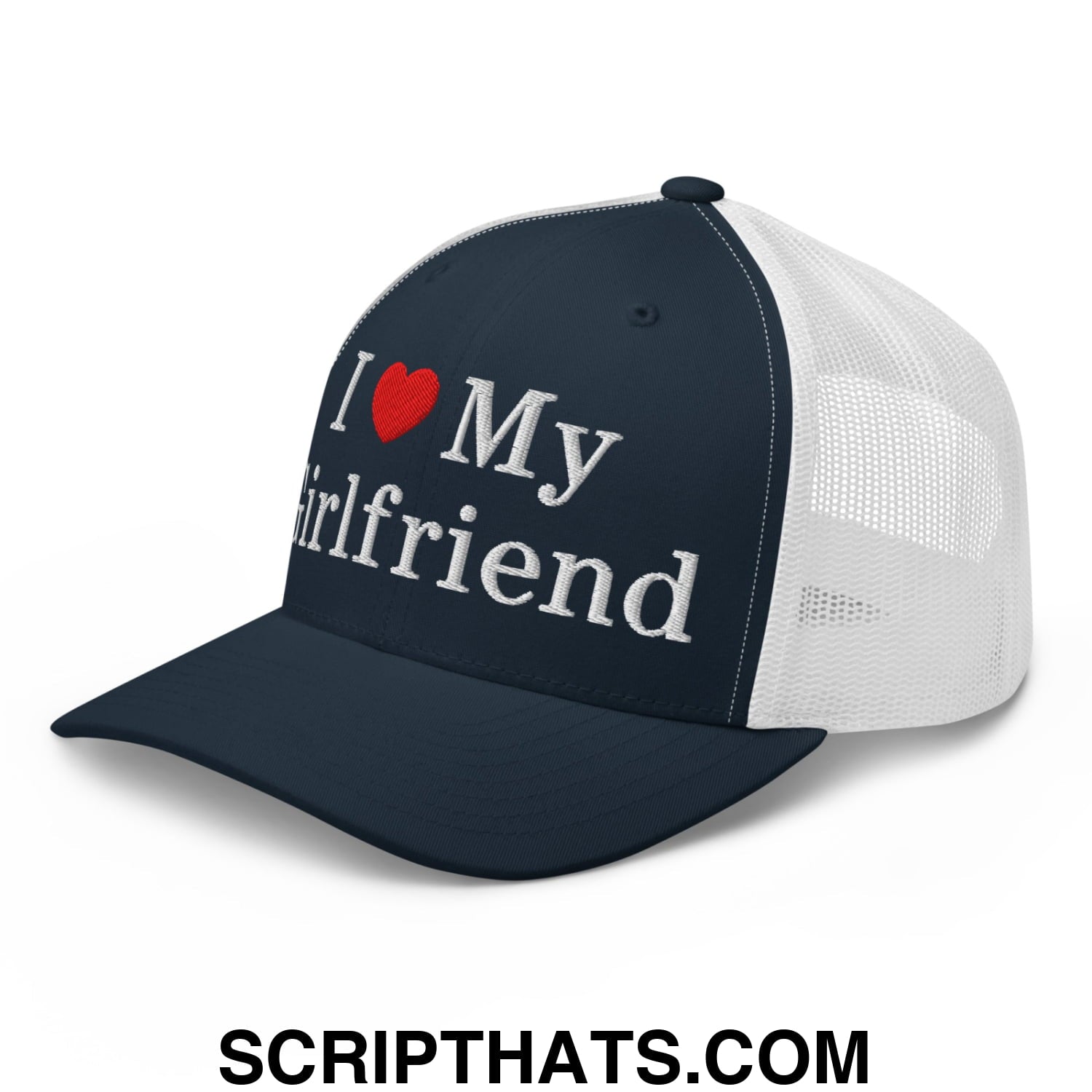 I Love My Girlfriend Embroidered Mesh Trucker Hat Navy White