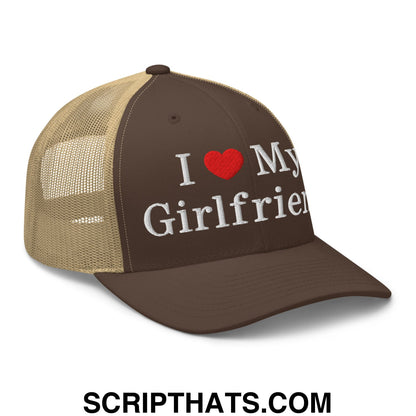 I Love My Girlfriend Embroidered Mesh Trucker Hat Brown Khaki