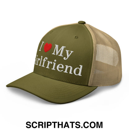 I Love My Girlfriend Embroidered Mesh Trucker Hat Moss Khaki