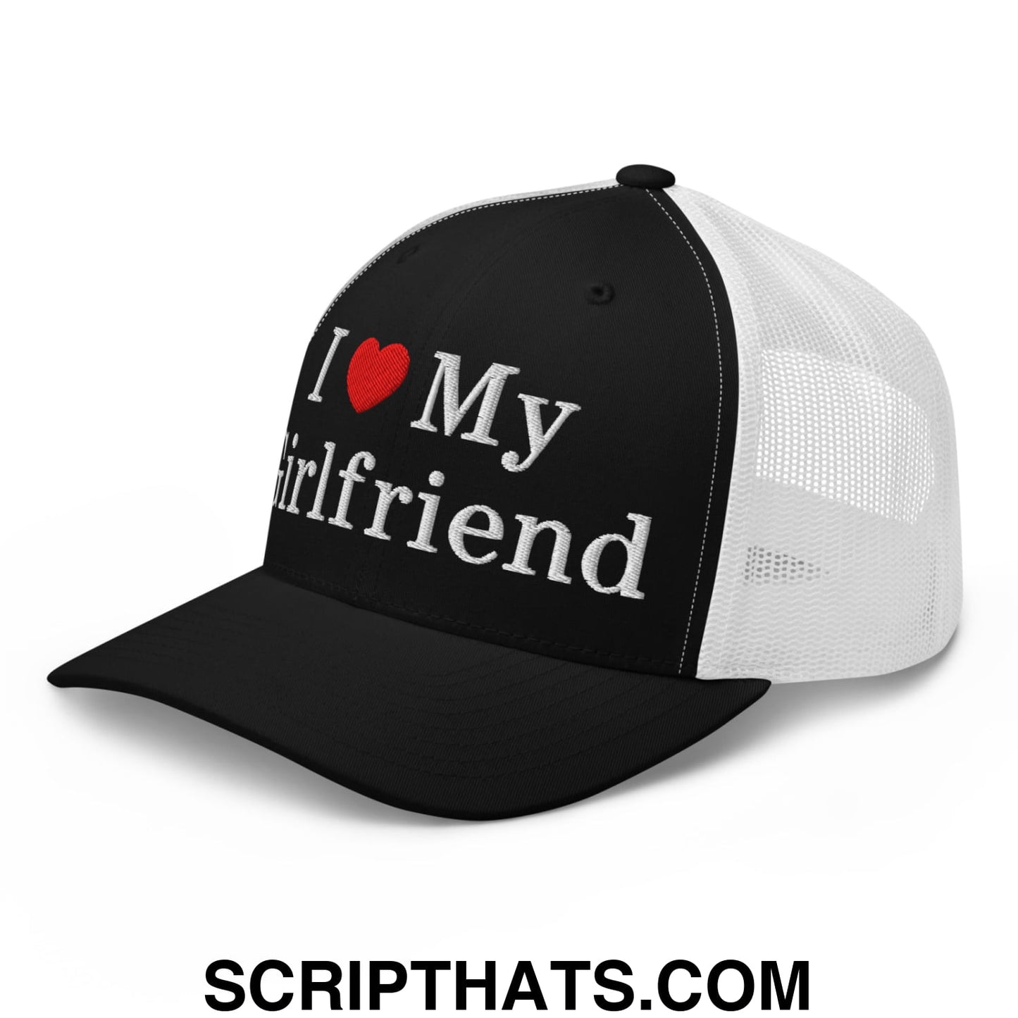 I Love My Girlfriend Embroidered Mesh Trucker Hat Black White