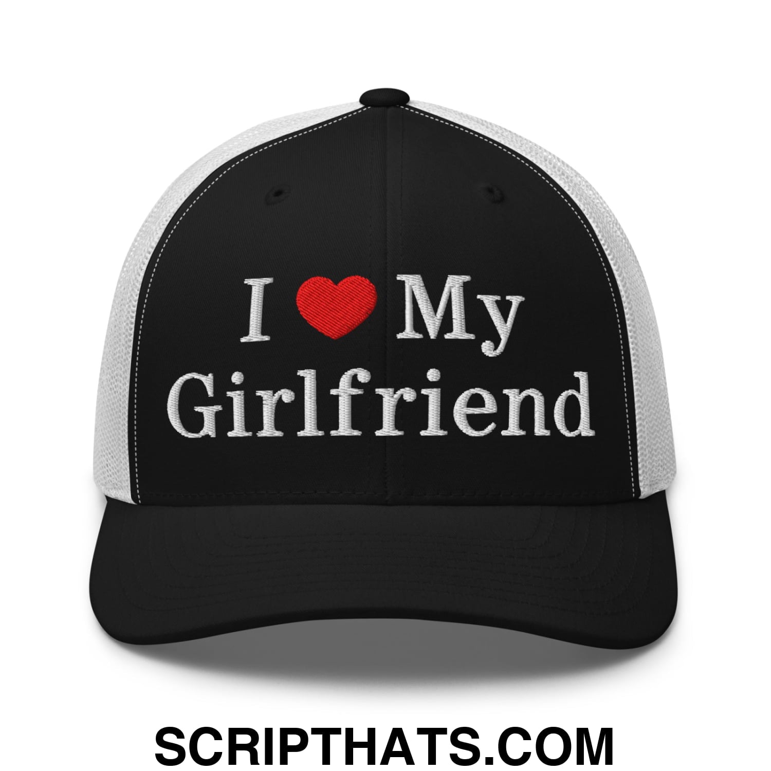 I Love My Girlfriend Embroidered Mesh Trucker Hat Black White