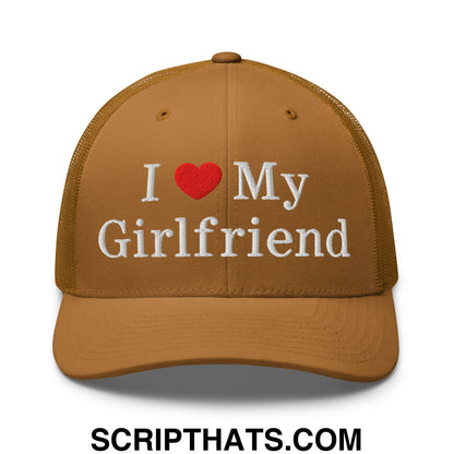 I Love My Girlfriend Embroidered Mesh Trucker Hat Caramel
