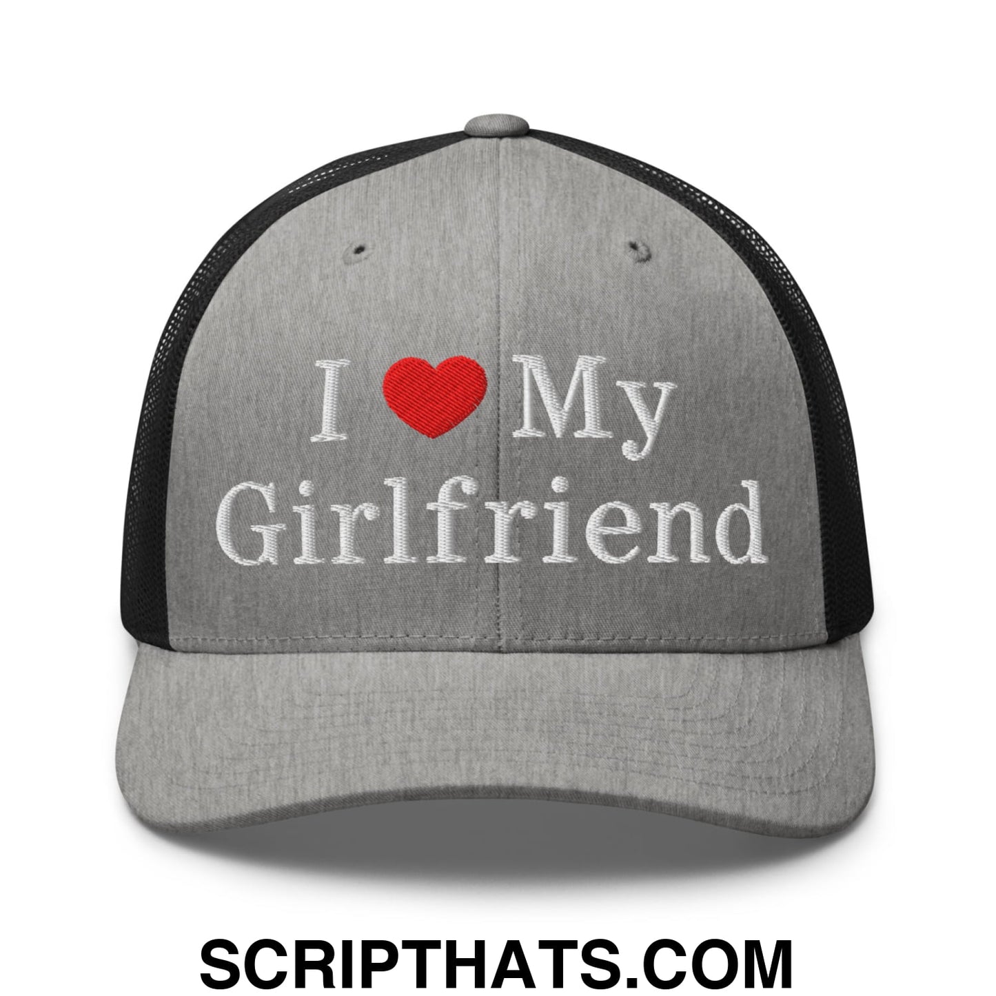 I Love My Girlfriend Embroidered Mesh Trucker Hat Heather Black