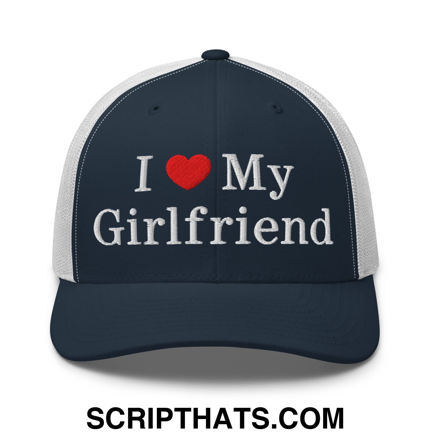 I Love My Girlfriend Embroidered Mesh Trucker Hat Navy White