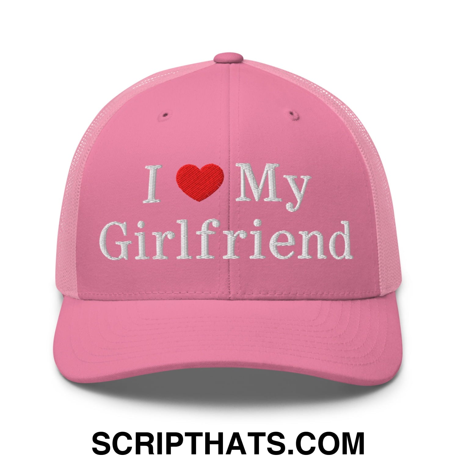 I Love My Girlfriend Embroidered Mesh Trucker Hat Pink
