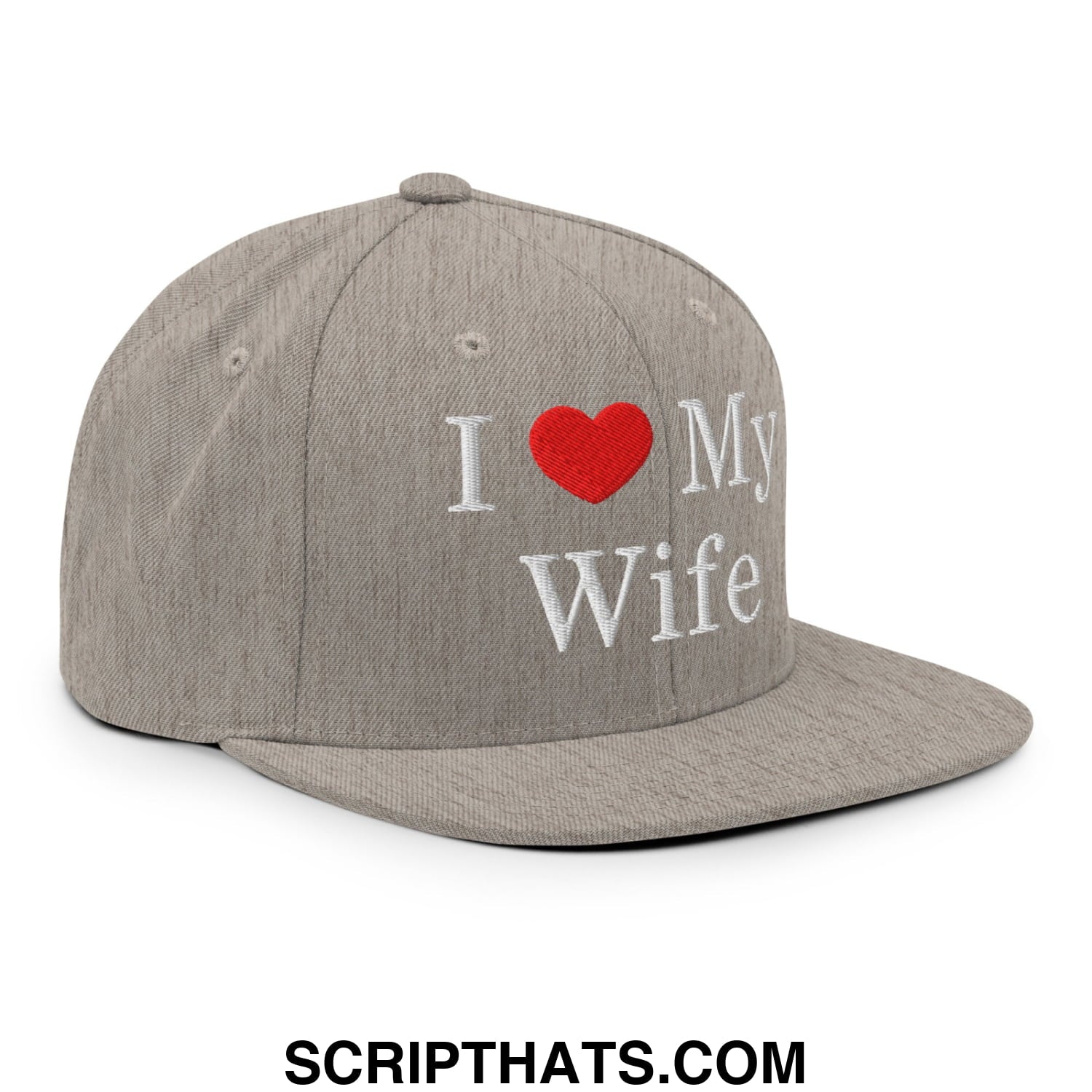 I Love My Wife Embroidered Flat Bill Brim Snapback Hat Heather Grey