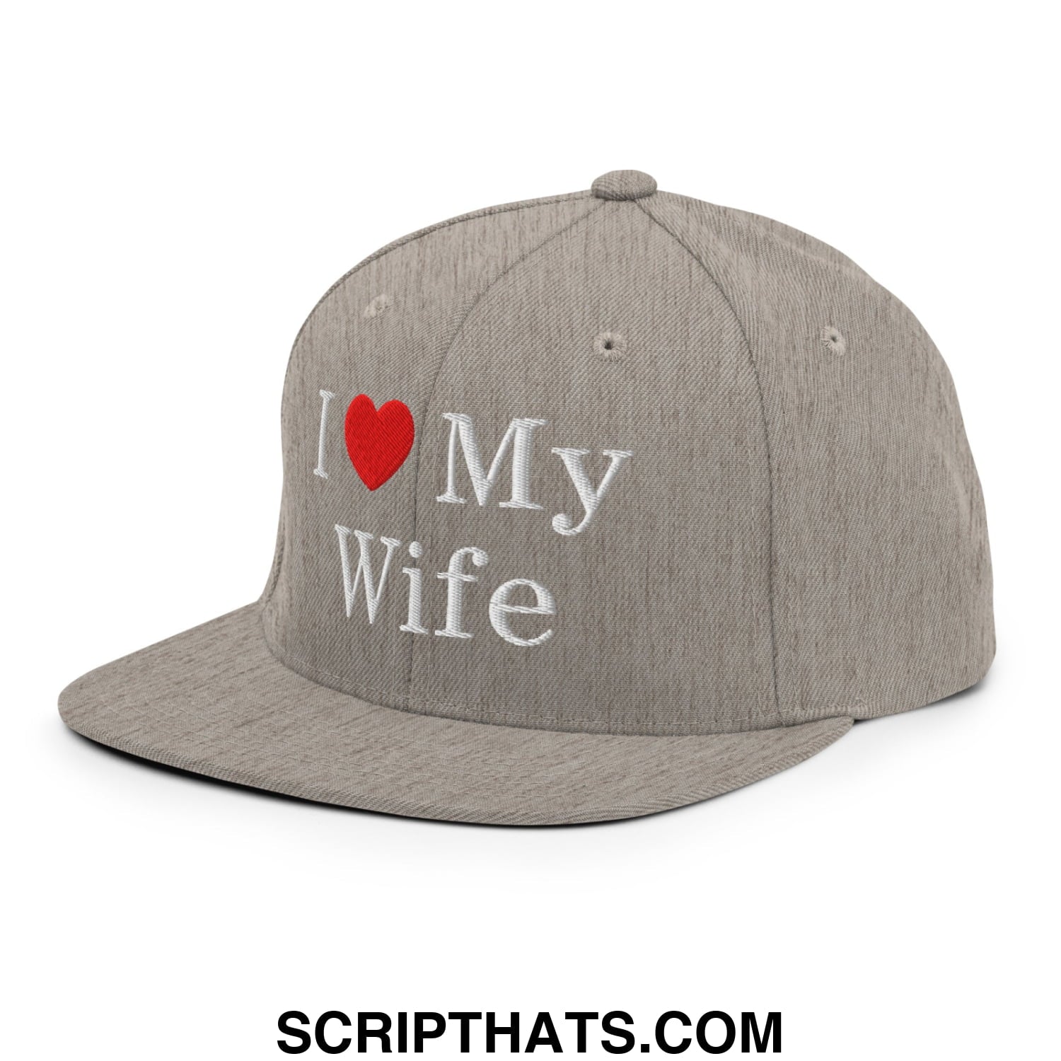 I Love My Wife Embroidered Flat Bill Brim Snapback Hat Heather Grey