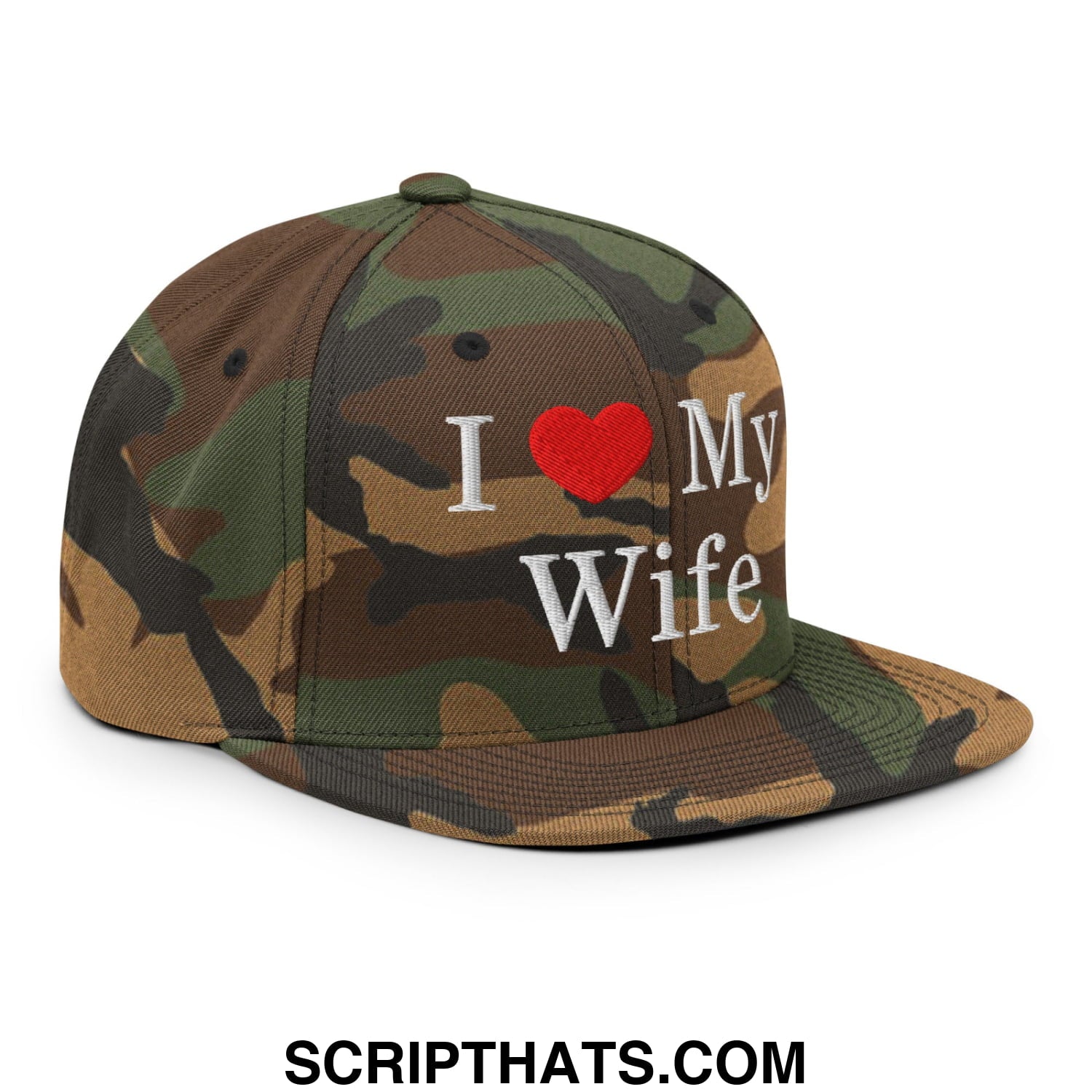 I Love My Wife Embroidered Flat Bill Brim Snapback Hat Green Camo