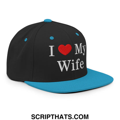 I Love My Wife Embroidered Flat Bill Brim Snapback Hat Black Teal