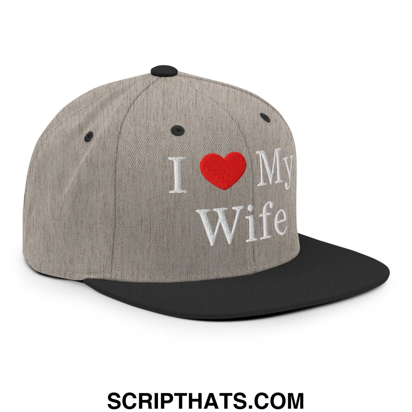 I Love My Wife Embroidered Flat Bill Brim Snapback Hat Heather Black