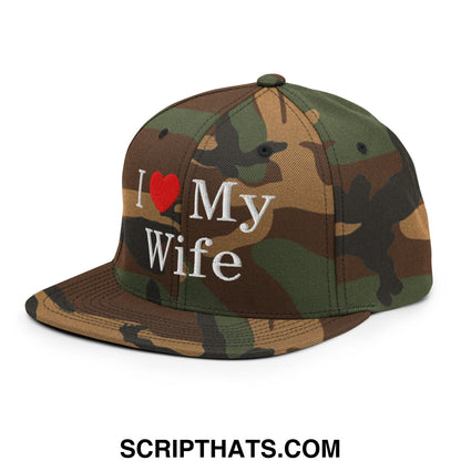 I Love My Wife Embroidered Flat Bill Brim Snapback Hat Green Camo