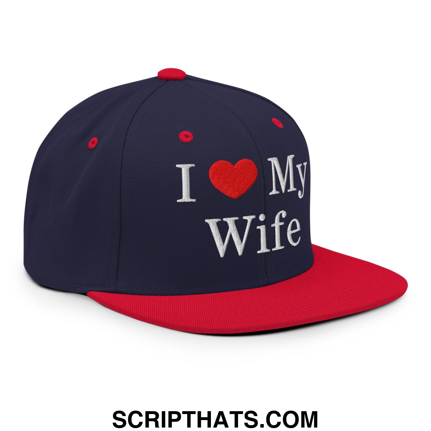 I Love My Wife Embroidered Flat Bill Brim Snapback Hat Navy Red