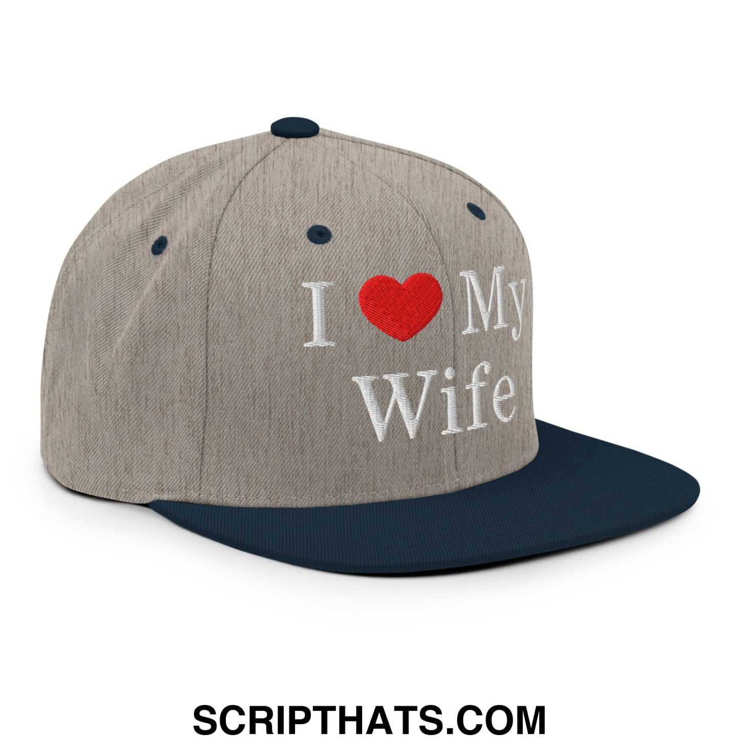 I Love My Wife Embroidered Flat Bill Brim Snapback Hat Heather Grey Navy
