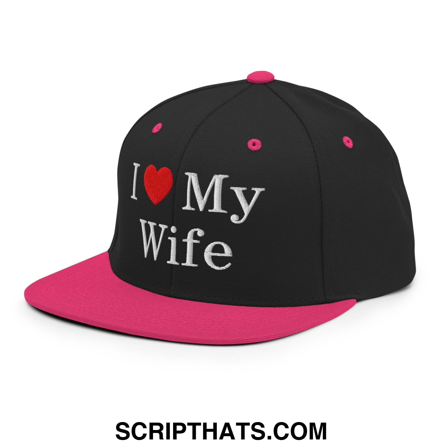 I Love My Wife Embroidered Flat Bill Brim Snapback Hat Black Neon Pink