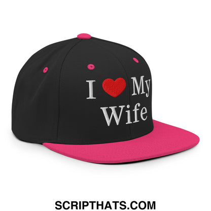 I Love My Wife Embroidered Flat Bill Brim Snapback Hat Black Neon Pink