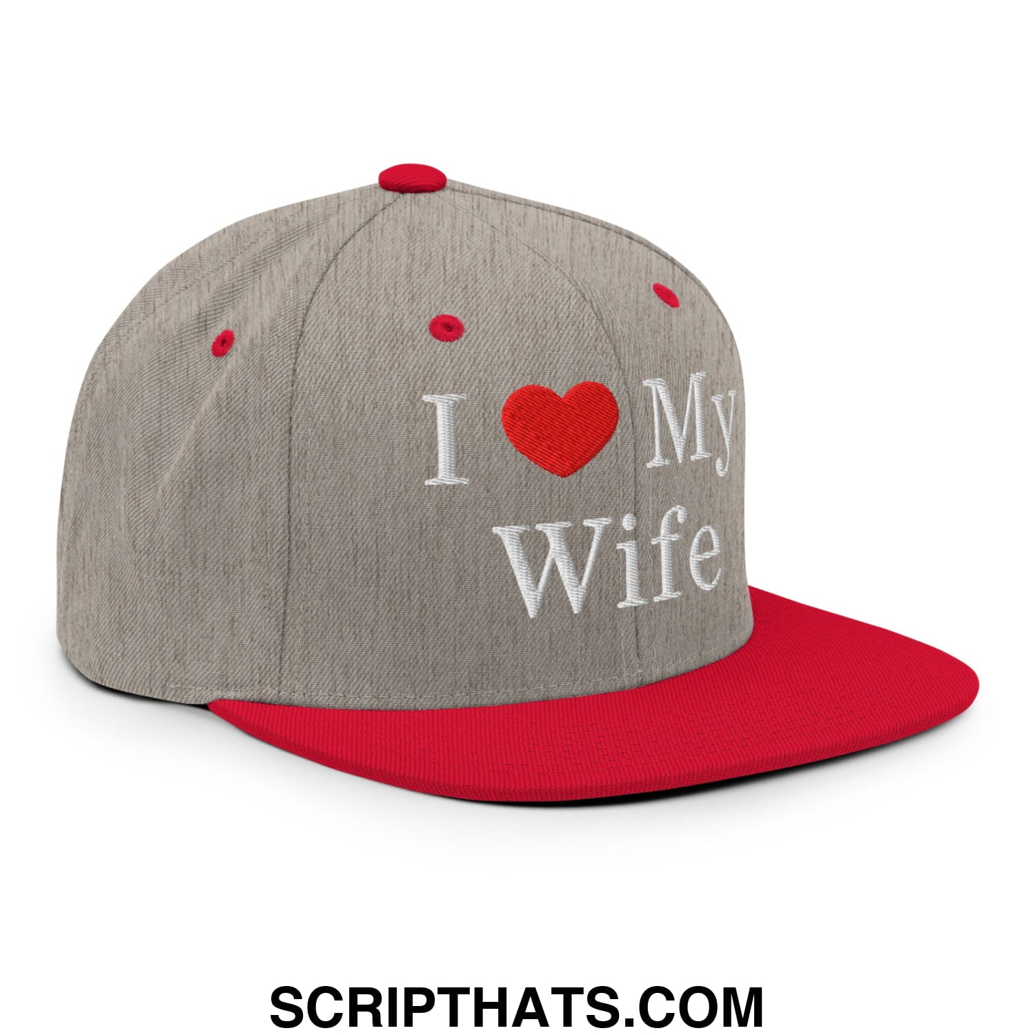 I Love My Wife Embroidered Flat Bill Brim Snapback Hat Heather Grey Red