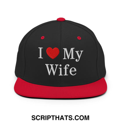 I Love My Wife Embroidered Flat Bill Brim Snapback Hat Black Red